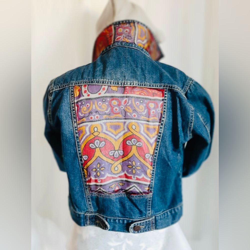 Wearable art! Unique VGS embellished denim jacket with hood.
